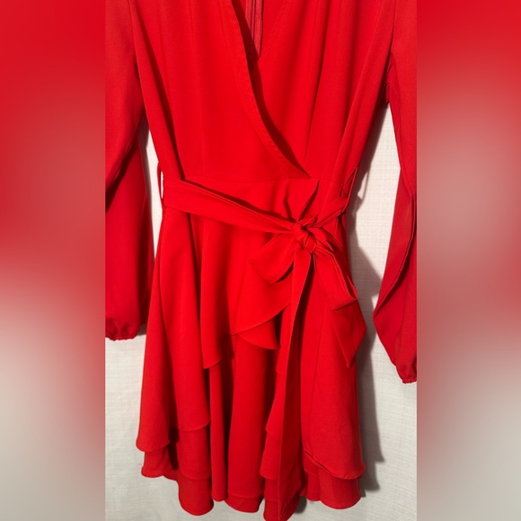 NEW Bonkwa Tiered Ruffle Hem Wrap V Neck Tie Waist Long Sleeve Red Dress Large - Picture 5 of 14